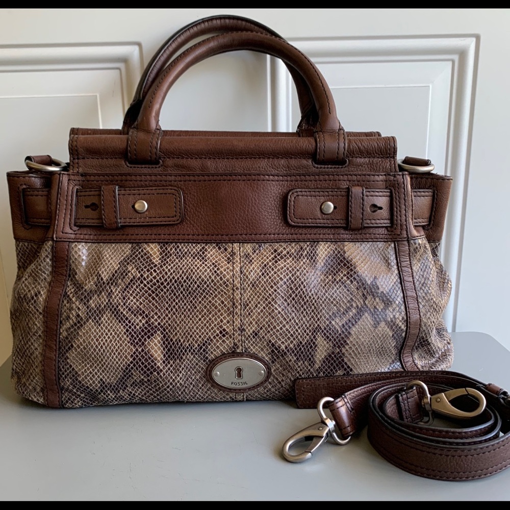 NWOT Fossil Snakeskin Brown Leather Satchel Purse - Picture 1 of 10